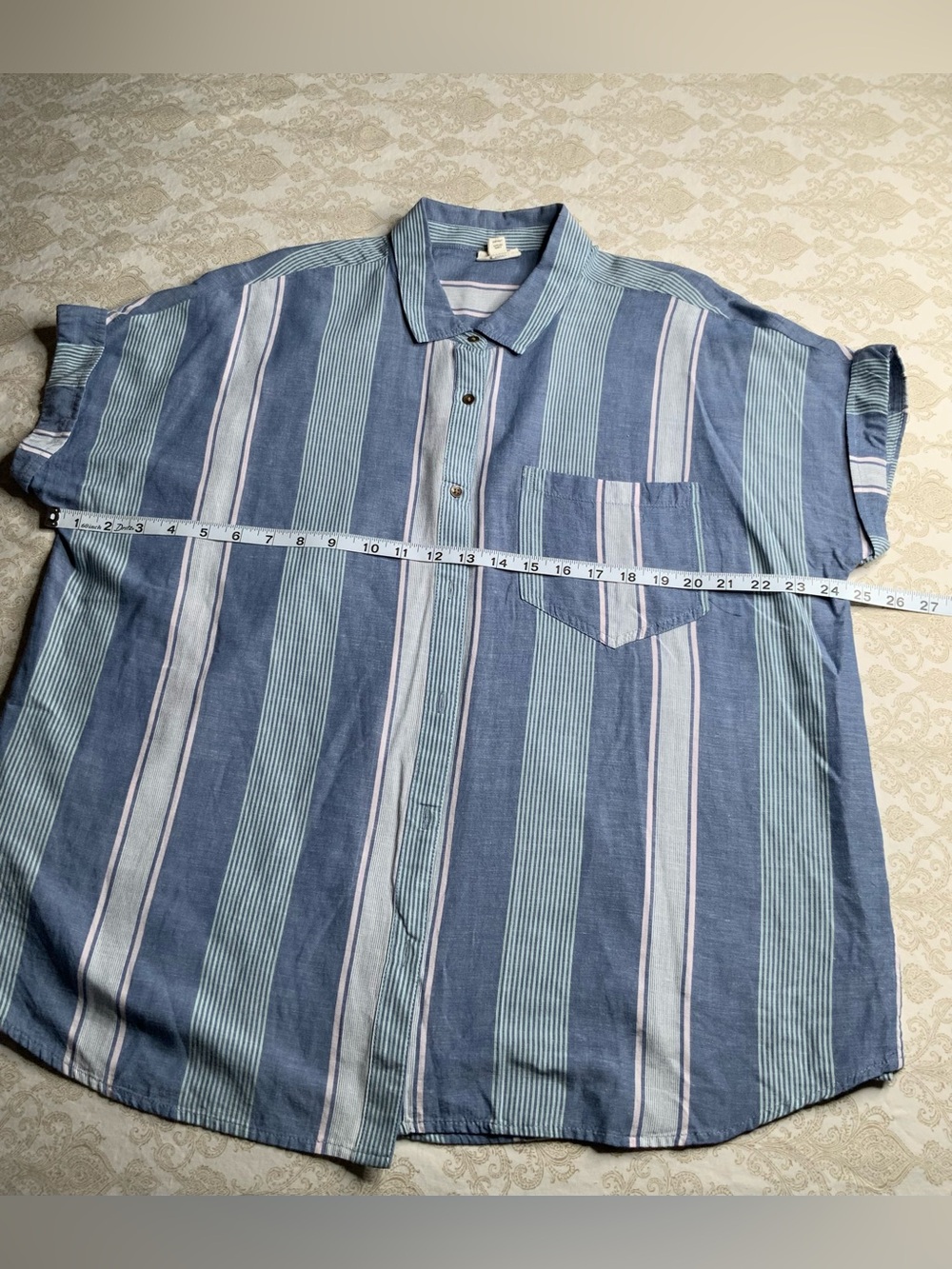 A.N.A Striped Button Down Blouse Short Sleeve XL Front Pocket - Picture 4 of 11